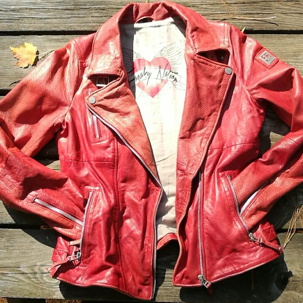 Freaky Nation Leather Biker Jacket  Red S080/299 - Picture 2 of 11